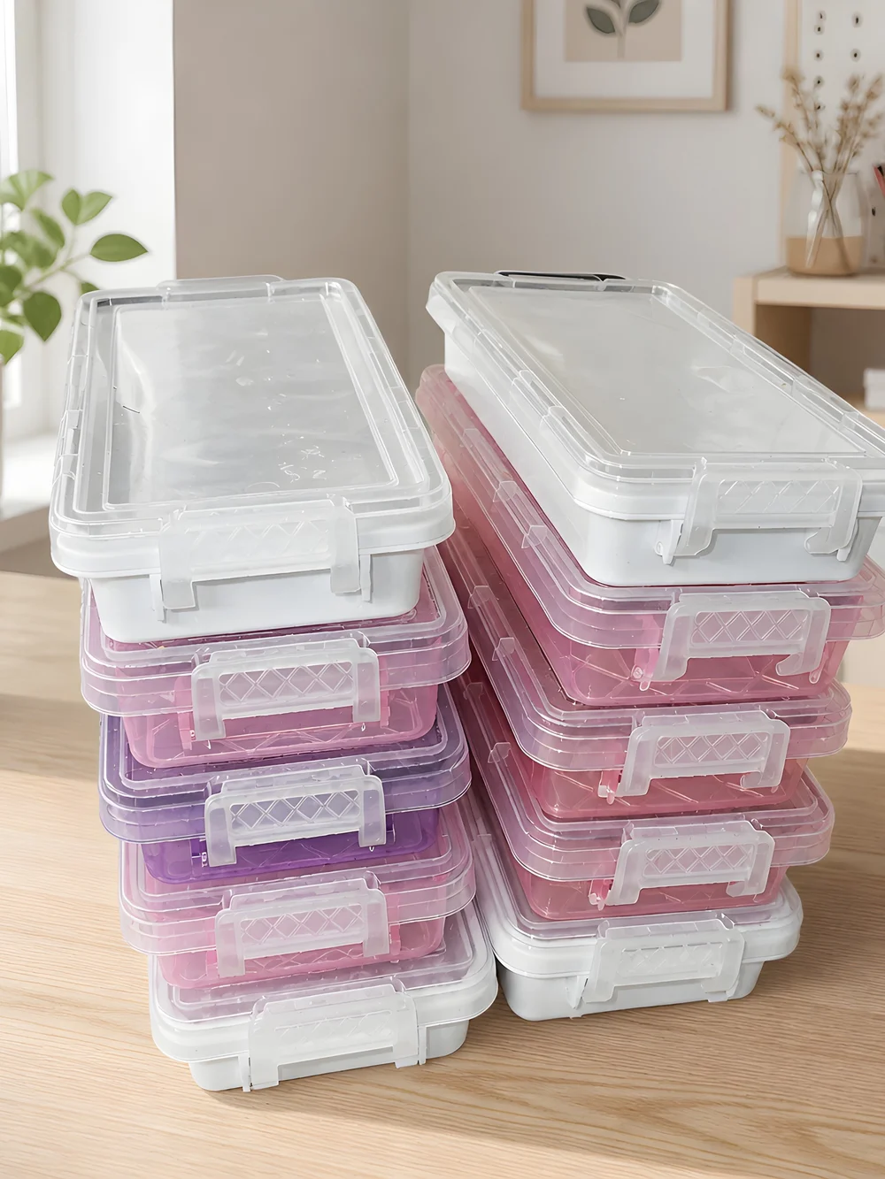 Clear and Pink Stackable Plastic Storage Boxes Set Of 10